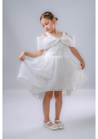 Mnk Baby & Kids Kız Çocuk Taş Fiyonklu İsalon Elbise M00763 Beyaz