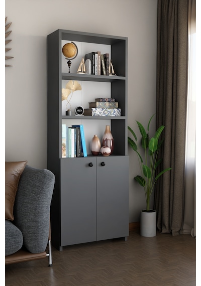 Kapaklı Çok Amaçlı Salon Dolabı 150x50x22 Cm Raflı Kitaplık Dekoratif Depolama Ünitesi Antrasit