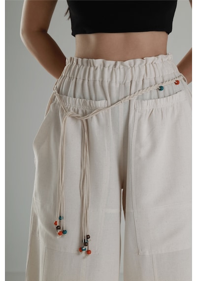 Cocopelli Tasarım Keten Bej Baggy Pantolon Coc1291 Bej