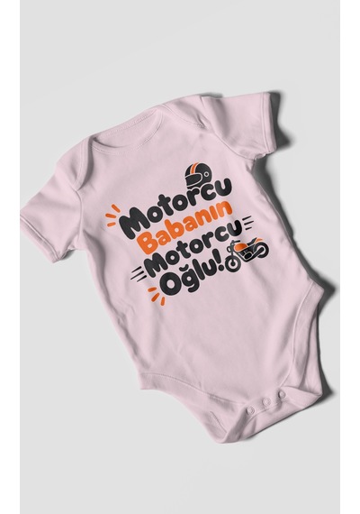 Morivokids Motorcu Babanın Motorcu Oğlu Kısa Kollu Bebek Body %100 Pamuk Bebe Pembe