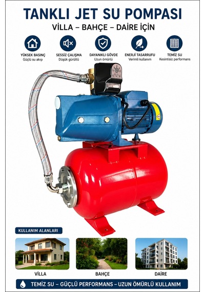 1.5 Hp Jet Pompalı 24 Litre Tanklı 4 Kat 5 Daireye Yeterli Paket Hidrofor Rekor Takımı