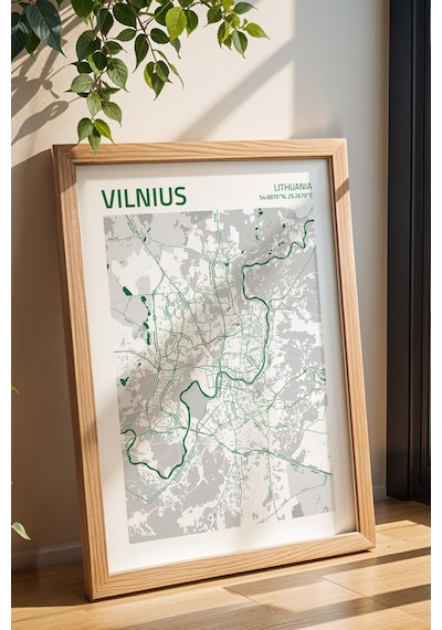Vilnius Litvanya Haritası Çerçeveli Tablo Lüks Salon Ofis Duvar Dekorasyonu Hediyelik Tablo Kayın