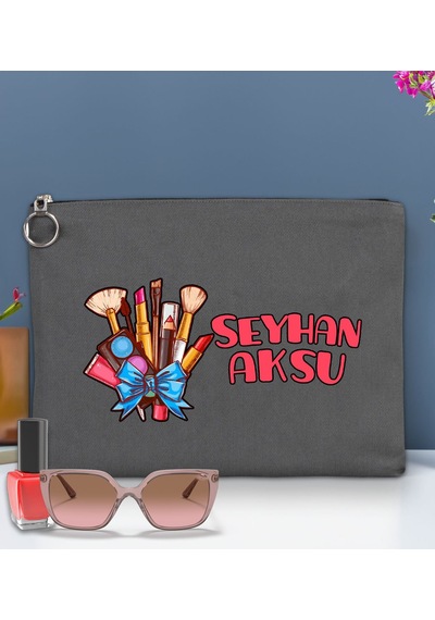 Bk Gift Kişiye Özel İsimli-3 Astarlı Antrasit Portföy Çanta 30x21cm, Baskılı El Çantası, Organizer Çanta