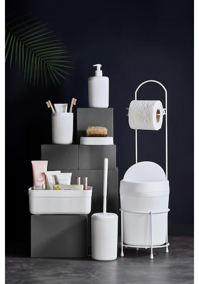 7 Parça Beyaz Banyo Seti Metal Stantlı Kovalı Wc Kağıtlık Kozmetik Kutusu Diş Fırçalık Ve Sabunlukla