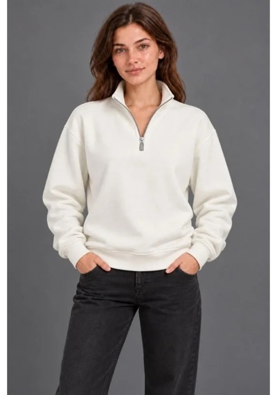 Butik İstanbul Üç İplik İçi Şardonlu Dik Yaka Yarım Fermuarlı Kışlık Sweatshirt - Beyaz