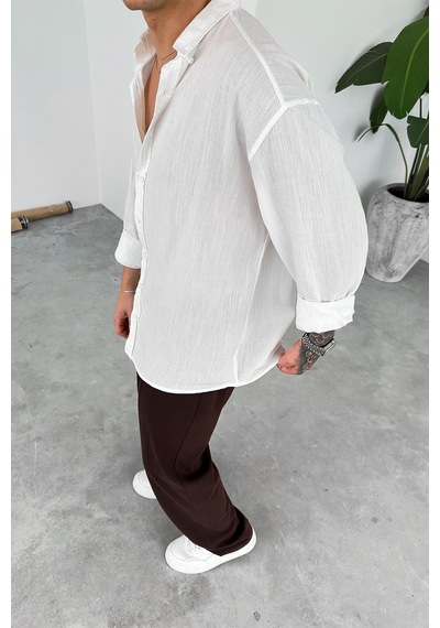 Beyaz Oversize Fresh Keten Gömlek Beyaz