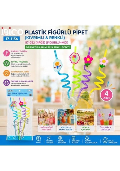 İbico İ17-032 4'lü Kıvrımlı Renkli Plastik Pipet - Figürlü Mix