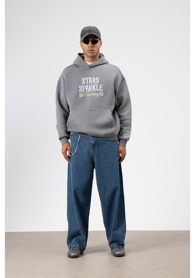Vamos Oversize Nakış Baskılıkapüşonlu Sweatshirt Füme