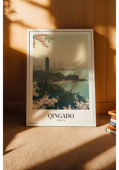 Qingdao China Vintage Seyahat Posteri Çerçeveli Tablo - Premium Uzak Doğu Elit Duvar Dekoru Beyaz