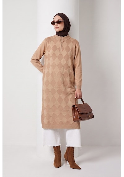 Armine Trend Baklava Desenli Fermuar Yaka Uzun Triko Tunik Latte 25ktd4112 Açık Kahverengi