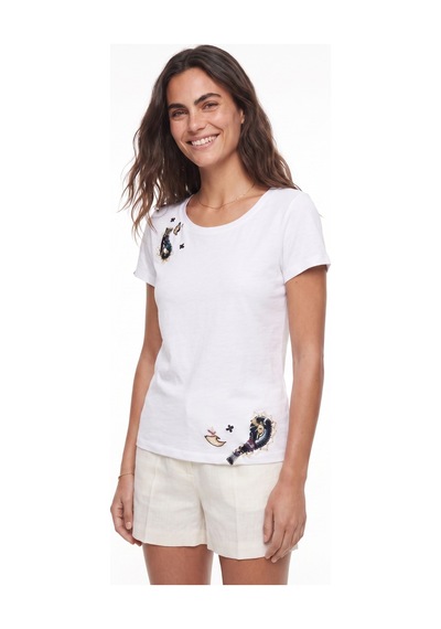 Onloox Kadın Beyaz Beyaz Pamuklu Bisiklet Yaka Kısa Kollu Sanatsal El İşi Nakış Detaylı Premium Tasarım T-shirt