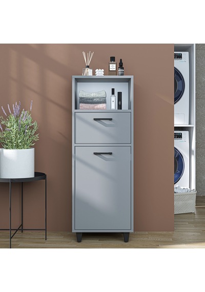 Çamaşır Sepetli Banyo Dolabı, Çok Amaçlı Çekmeceli Dolap 45 Cm Kül Gri