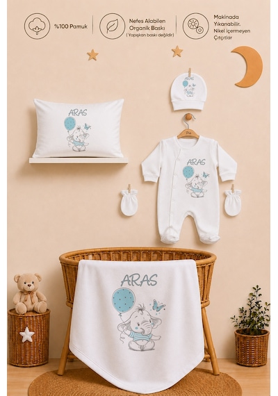 Pia Baby Kişiye Özel İsimli Erkek Bebek Hastane Çıkış Seti 11 Parça %100 Pamuk 2009113x Ekru