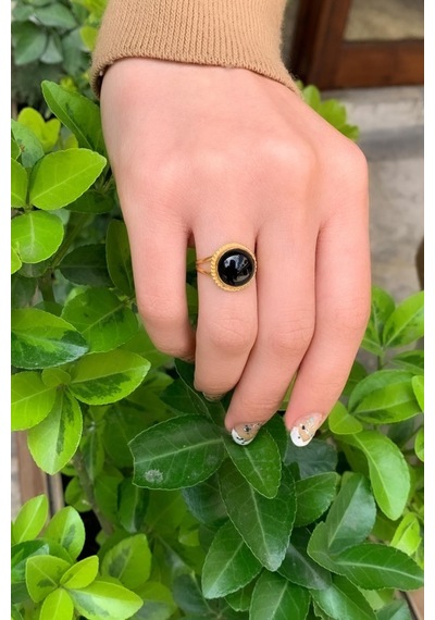 14 Ayar Altın Oval Onix Meftüllü Yüzük Sarı Altın