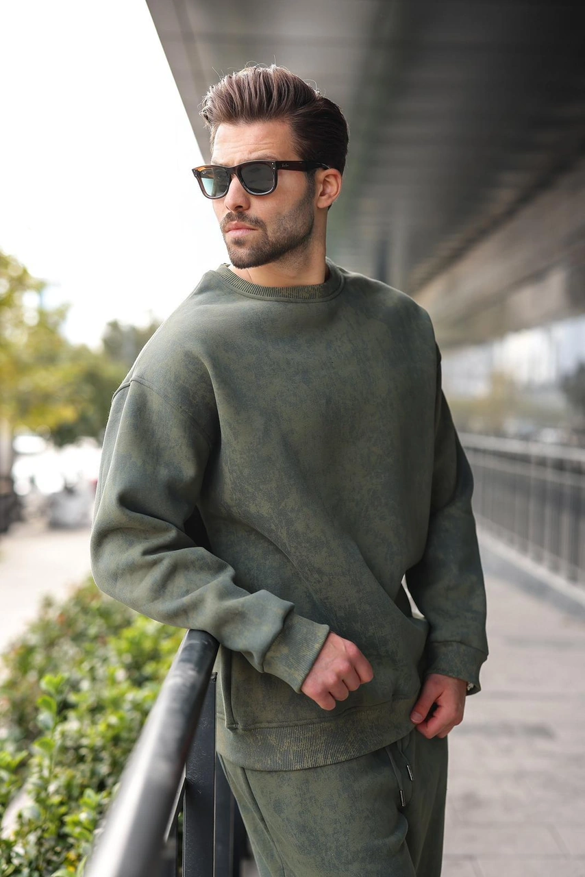 Madmext Haki Bisiklet Yaka Batik Desenli Erkek Sweatshirt Pantolon Takım E7344 Haki
