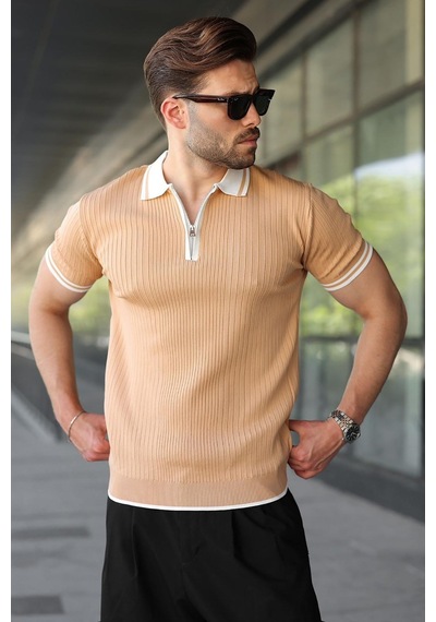 Madmext Gold Yarım Fermuarlı Polo Yaka Triko Erkek Tişört E7501 Altın