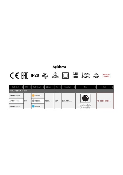 Ack 9w Dimlenebilir Led Ampul Ilıkbeyaz Işık 4000k E27 A60 Aa14-01021