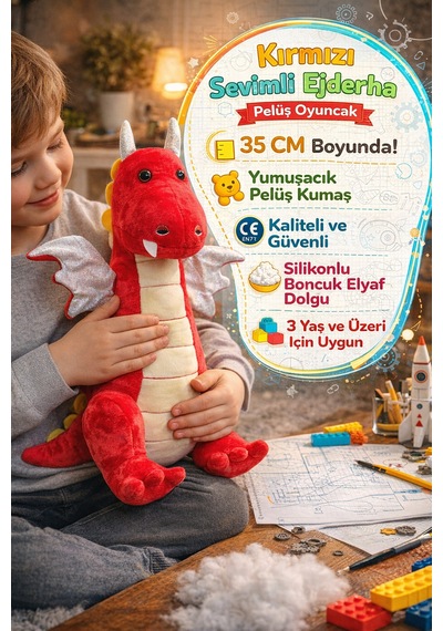 35 Cm Kırmızı Peluş Ejderha Oyuncak Yumuşak Sevimli Ejderha Bebek Çocuk Oyuncağı Diğer