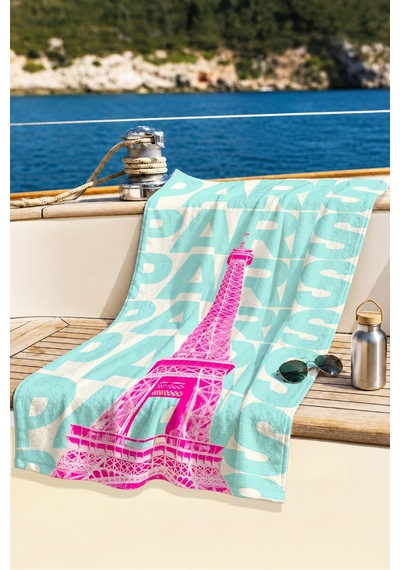 Paris Temalı Şehir Plaj Havlusu - Modern Pop Art Turkuaz Pembe Hızlı Kuruyan Mikrofiber Havlu Sedef Armut