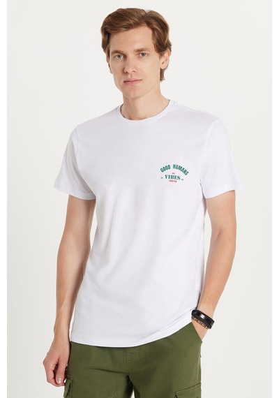 Tudors Erkek Slim Fit Dar Kesim %100 Pamuk Yumuşak Dokulu Baskılı Beyaz Bisiklet Yaka Tişört-34776 Beyaz