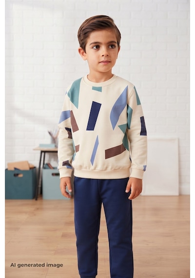 Pina Kids Erkek Çocuk Geometrik Desenli Okul Günlük Eşofman Takımı Esf7038 Lacivert