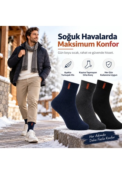Womanandkids Wak Erkek Çorap Dikişsiz 3'lü Havlu Orta Konç, Sıcak Tutan, Yumuşak Ve Dayanıklı ÇoK Renkli