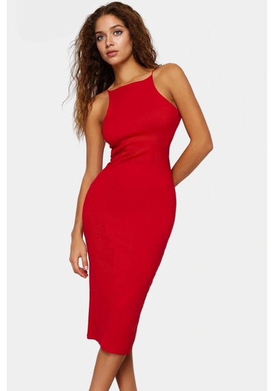 Ersefa Esnek Pamuklu Midi Elbise Halter Yaka Bodycon Yazlık Özel Tasarım Kırmızı