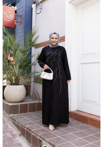 Hb Harma Time Butik Kadın Taş İşlemeli Rahat Kalıp Siyah Elbise Siyah Siyah
