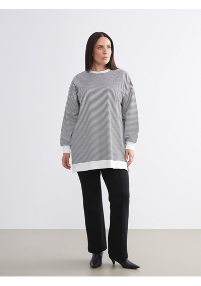 Lcw Modest Siyah Büyük Beden Bisiklet Yaka Çizgili Kadın Sweatshirt Tunik