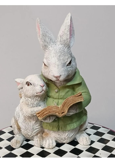 Sevimli Tavşan Biblo Kitap Okuyan Anne Çocuk Dekoratif Obje