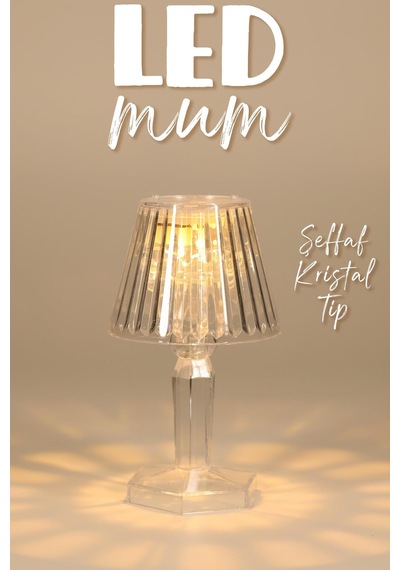 Kristal Masa Lambası Görünümlü Led Mum - Pilli Dekoratif Gece Lambası Ve Mini Başucu Abajuru Sarı