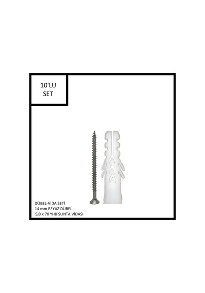 Dübel-vida Seti, Beyaz Dübel 14 Mm, 5,0x70 Yhb Sunta Vidası, 10 Adet