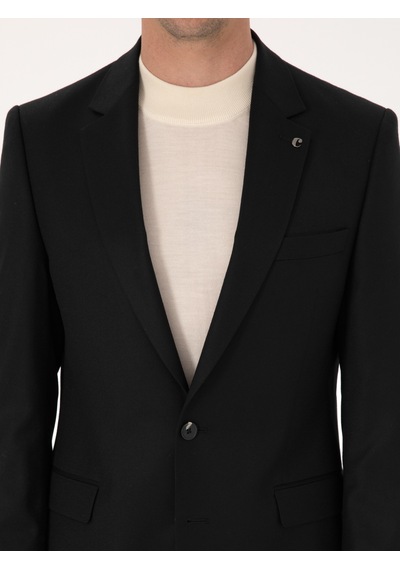 Cacharel Siyah Slim Fit Yün Karışımlı Mikro Desenli Klasik Ceket