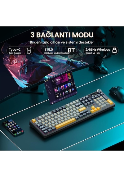 Aula F108 Pro Ekranlı Mekanik Klavye Reaper Switch Rgb Hot Swap 8000mah Makrolu Oyuncu Klavyesi Siyah
