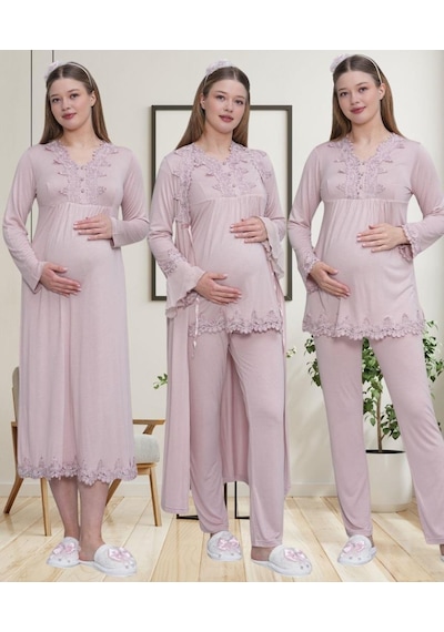 Mecit Pijama Mecit 1519 Hamile Lohusa Gül Kurusu Sabahlık Gecelik Pijama Seti