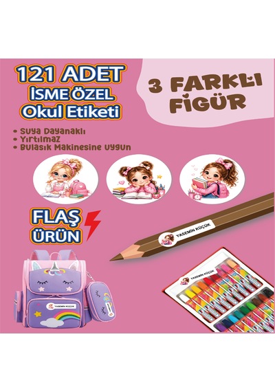 Okul Etiketi Kalem Defter Etiketi Neşeli Kız Özel Isim Yazılabilen Etiket - 121adet