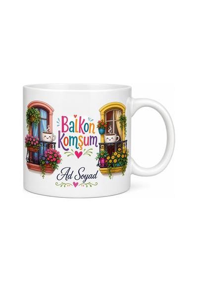 İsme Özel Balkon Komşum Yazılı Komik Kupa Bardak Esprili Hediye Beyaz / Çok Renkli