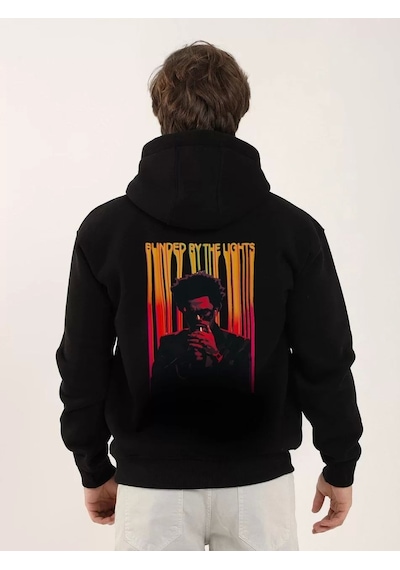 Unisex Baskılı Oversize Üç İplik Kapüşonlu Sweatshirt - Siyah