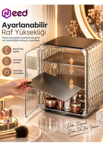Need Dolap Tasarımlı Şeffaf Kapaklı Makyaj Organizeri Gold Transparan - Nd-8095-tpb