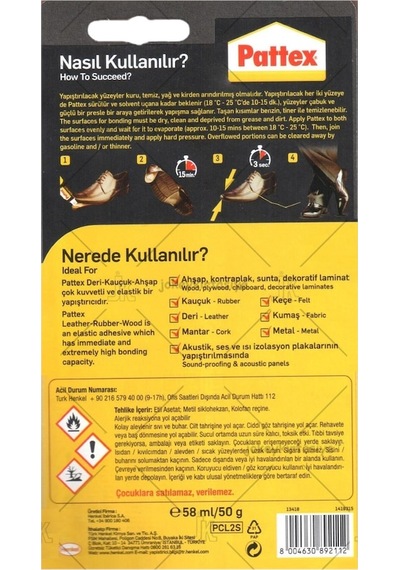Pattex Yapıştırıcı Deri-Kauçuk-Ahşap 50Gr