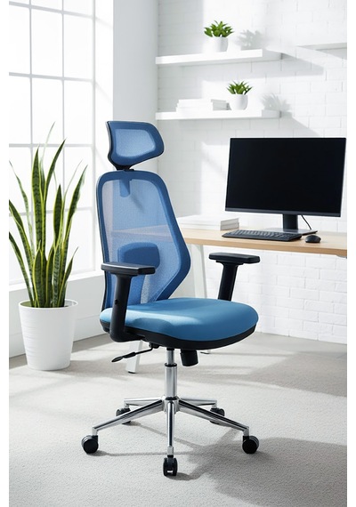 Ofisbazaar Dali Fileli Yönetici Koltuğu Ergonomik Başlıklı Ofis Koltuğu Açık Mavi Mavi