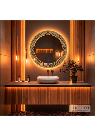 Zenith Amber Led'li Lazer Kumlamalı Lavabo & Banyo Aynası Dokunmatik Sensörlü 90 X 90 Turuncu