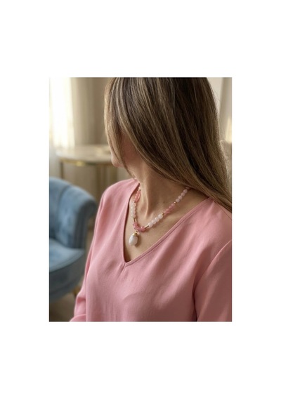 Leyan Doğal Taş 8-10 Mm Pembe Kuvars Taşı Tasarım Kolye Pembe Pembe
