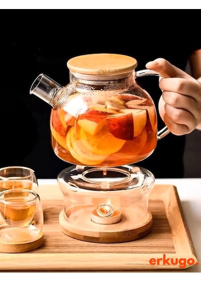 Vakumlu Bambu Kapaklı Isıya Dayanıklı Borosilikat Cam Demlik, Süzgeçli Demlik 1000 Ml Teapot Şeffaf