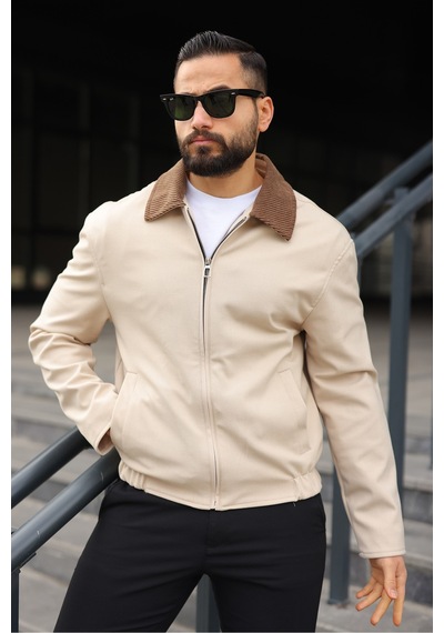 Kadife Yakalı Trucker Model Ceket Krem