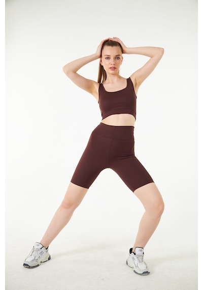Thiff Gymwear Antrasit Yüksek Bel Toparlayıcı Kısa Şort Spor Fitilli Biker Tayt Kahverengi