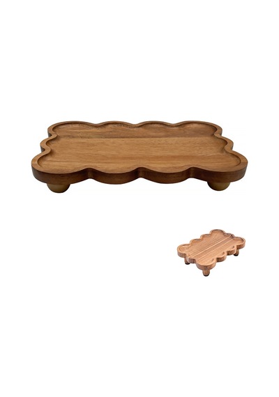 Mien Akasya Ahşap Dikdörtgen Sunumluk - Dalgalı Kenar Dekoratif Tabak 27x16x5 Cm Koyu Kahverengi