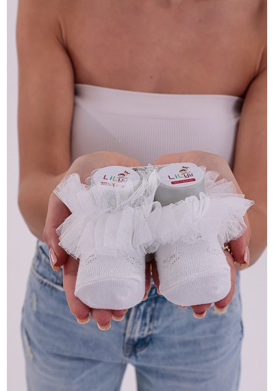 Burçak Çorap Soft Yıkamalı Kız Bebek Çorabı - Tül Ve Güpür Detaylı Pamuklu Model 4'lü Çok Renkli
