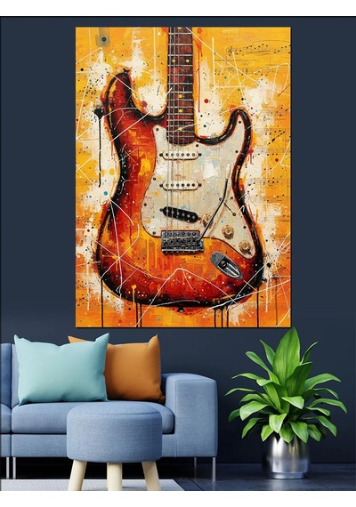 Ahşap Tablo Kırmızı Gitar Alev Desenleri İnsan Figürlü Tablolar