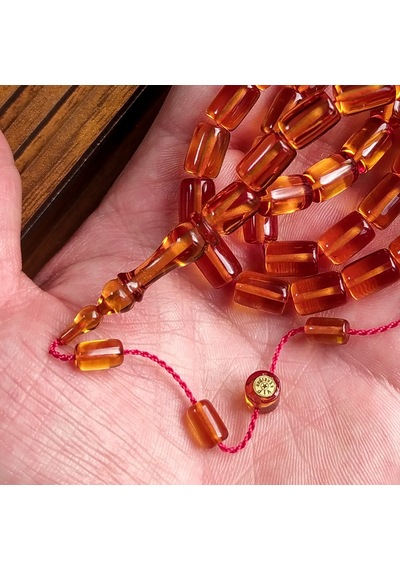İmzalı 7X11 mm Altın Ateşi Kehribar Tesbih Usta İşçilikli